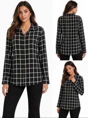 Calvin Klein Black/White Windowpane Print Blouse – Size M